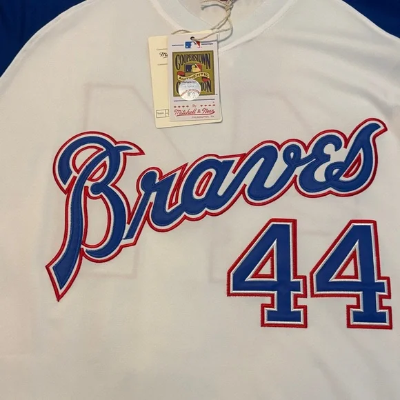 Mitchell & Ness Braves White and Blue Jersey Hank Aaron #44 Throwback - Picture 2 of 10